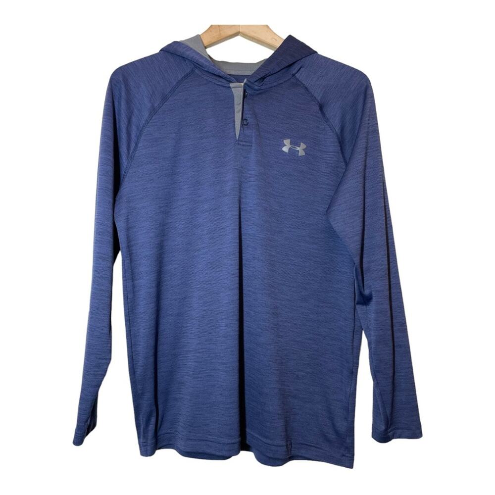 Under Armour UA Blue Snap Hooded Pullover Long Sleeve shirt Mens Small Loose Fit
